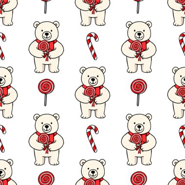 Sevimli kutup ayılarının kırmızı eşarplarla süslenmiş ve Noel temalı büyüleyici bir dizayn yaratarak şeker kamışlarıyla süslenmiş lolipoplar taşıdığı kusursuz bir vektör deseni..