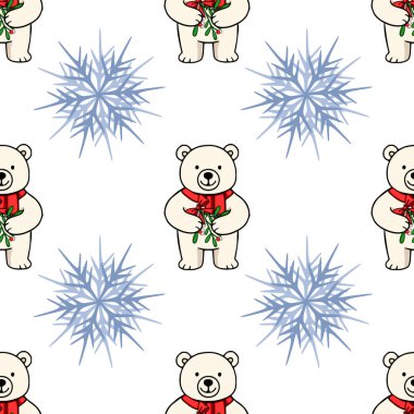 Kırmızı eşarplı sevimli kutup ayılarının, beyaz arka planda narin mavi kar taneleriyle karıştırılmış ökse otu dalları taşıdığı kusursuz bir vektör deseni var. Şenlikli kış tasarımları için mükemmel..