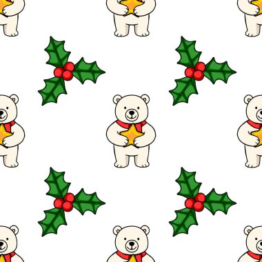 Harika kutup ayılarının elinde altın yıldızlar ve Noel temalı tasarımlar için mükemmel şenlikli çoban püskülleri olan kusursuz bir vektör deseni var..