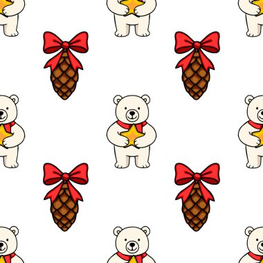 Çok sevimli kutup ayılarının çam kozalaklarında kırmızı kurdelelerle süslenip büyüleyici bir Noel tasarımı oluşturduğu kusursuz bir vektör deseni..