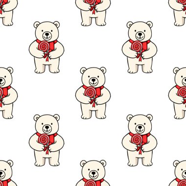 Kurdelelerle bağlanmış kırmızı lolipoplar tutan sevimli kutup ayılarının kusursuz vektör deseni, kış tatili veya tatlı temalı projeler için mükemmel büyüleyici ve şenlikli bir tasarım yaratıyor..