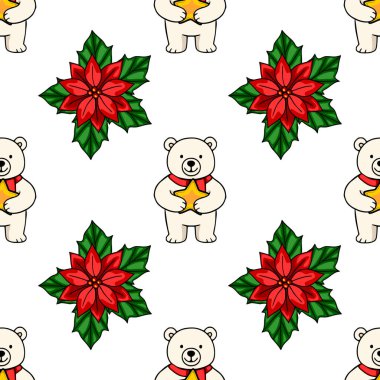 Sevimli kutup ayılarının elinde altın yıldızlar ve canlı noktalar olan kusursuz bir Noel deseni, neşeli ve neşeli bir kış tasarımı yaratıyor..