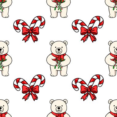 Kırmızı kurdelelerle bağlanmış ökseotu filizi ve baston şeker tutan sevimli kutup ayılarını içeren kusursuz bir vektör deseni büyüleyici bir Noel tasarımı yaratıyor..