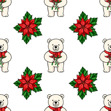 Kırmızı eşarplar takan ve ökseotu dalları tutan sevimli kutup ayılarını içeren kusursuz bir vektör deseni. Parlak noktalarla birleşerek büyüleyici bir Noel tasarımı yaratıyor..