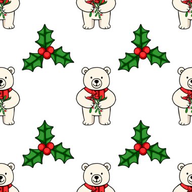 Kırmızı eşarplı şirin kutup ayılarının ökseotu dalları tutarak, neşeli kutsal yapraklar ve böğürtlenlerle karışıp büyüleyici bir Noel tasarımı oluşturduğu kusursuz bir vektör deseni..