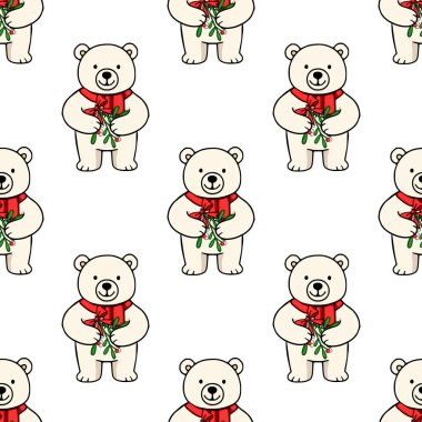 Kırmızı eşarplı şirin kutup ayılarının kusursuz vektör deseni ökseotu dalları tutuyor. Noel ve kış için mükemmel..