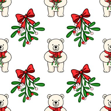 Kırmızı kurdeleli ökseotu dalları tutan sevimli kutup ayılarının kusursuz vektör deseni, Noel şenliği ve kış tatili projeleri için mükemmel..