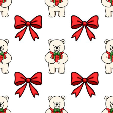 Sevimli kutup ayılarının kırmızı hediyeler ve Noel veya kış tatili tasarımları için mükemmel kırmızı fiyonklar taşıdığı kusursuz bir vektör deseni..