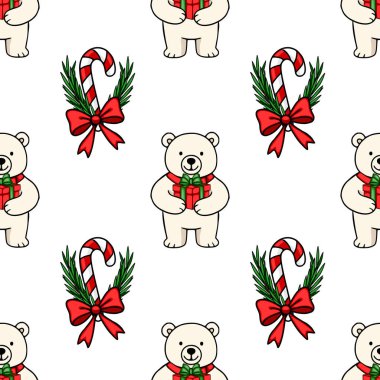 Sevimli kutup ayılarının elinde hediyeler ve kırmızı yaylar ve yeşil dallarla süslenmiş şeker kamışlarıyla kusursuz bir Noel deseni..