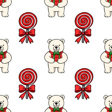 Sevimli kutup ayılarının hediyeler taşıdığı kusursuz bir vektör deseni ve fiyonklu kırmızı lolipoplar, büyüleyici bir Noel tasarımı yaratıyor..