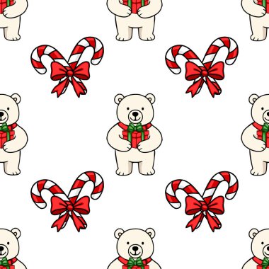 Sevimli kutup ayılarının elinde hediyeler ve kırmızı yaylı şeker kamışları olan kusursuz bir vektör deseni, neşeli ambalaj kağıdı veya kış tatili için mükemmel bir Noel tasarımı yaratıyor....