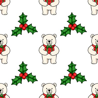 Sevimli kutup ayılarının Noel hediyeleri taşıdığı kusursuz bir vektör deseni, neşeli ve büyüleyici bir tatil tasarımı oluşturan, neşeli çoban püskülü karışımı..