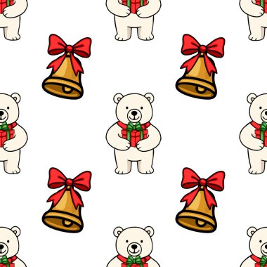 Noel hediyeleri taşıyan sevimli kutup ayılarının ve kırmızı kurdeleli altın çanların olduğu kusursuz vektör deseni, kış tatili için mükemmel neşeli bir tasarım oluşturuyor..