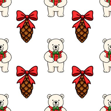 Sevimli kutup ayılarının kırmızı yaylarla süslenmiş hediyeler ve çam kozalakları taşıyarak neşeli ve neşeli bir kış tasarımı yarattıkları kusursuz bir Noel deseni..