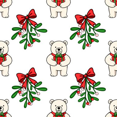 Sevimli kutup ayılarının hediyeler ve canlı kırmızı fiyonklarla süslenmiş ökseotu filizlerini içeren kusursuz bir vektör deseni büyüleyici bir Noel tasarımı yaratıyor..