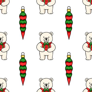 Sevimli kutup ayılarının hediyeler ve şenlikli kırmızı ve yeşil süsler taşıdığı kusursuz bir Noel deseni. Kış tatili tasarımları için mükemmel..