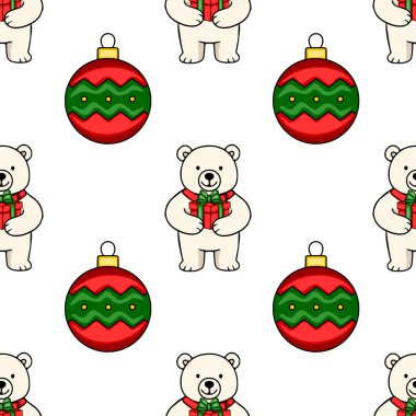 Sevimli kutup ayılarının hediyeler ve şenlikli kırmızı ve yeşil takılar taşıdığı kusursuz bir Noel şablonu. Bayram ambalaj kağıdı veya kış temalı tasarımlar için mükemmel..