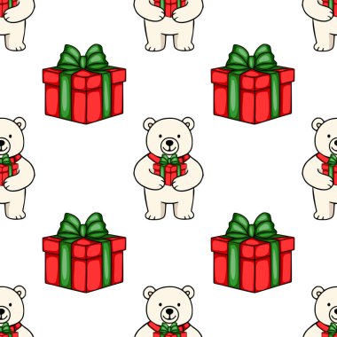 Noel hediyeleri taşıyan sevimli kutup ayılarının, kırmızı ve yeşil fiyonklu hediye kutularının bulunduğu kusursuz vektör desenleri, şenlikli arka planlar ve ambalajlar için ideal neşeli bir tatil tasarımı yaratıyor....