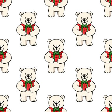 Noel hediyeleri taşıyan sevimli kutup ayılarının kusursuz vektör deseni, kırmızı ve yeşil aksanlı neşeli bir şenlik tasarımı, kış tatilleri için mükemmel..