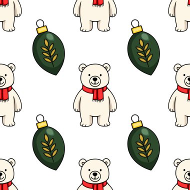 Kırmızı eşarp takan sevimli kutup ayıları ve altın yapraklı zarif koyu yeşil Noel süsleri içeren kusursuz vektör desenleri. Kış tatili tasarımları için mükemmel..