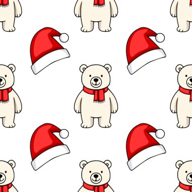 Kırmızı eşarp takan ve Noel Baba şapkası takan sevimli kutup ayılarını içeren kusursuz vektör deseni, şenlikli kış tasarımları için mükemmel..