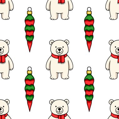 Kırmızı eşarplar takan sevimli kutup ayılarının ve şenlikli kırmızı ve yeşil Noel süslerinin olduğu kusursuz bir vektör deseni, büyüleyici bir kış tatili tasarımı yaratıyor..