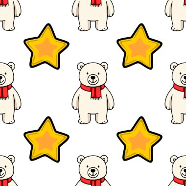 Kırmızı eşarplar takan ve neşeli sarı yıldızlar takan sevimli kutup ayılarını içeren kusursuz vektör deseni, çeşitli uygulamalar için mükemmel neşeli ve şenlikli bir kış tasarımı yaratıyor..