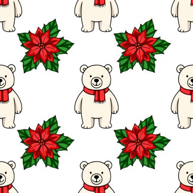 Canlı noktalı çiçeklerin arasında kırmızı eşarplar takan sevimli kutup ayılarının mükemmel bir Noel tasarımı yaratarak şenlikli arka planlar ve kış kutlamaları için mükemmel bir şenlik düzeni oluşturduğu kusursuz bir vektör deseni....