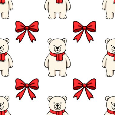 Kırmızı eşarplar ve şenlikli kırmızı fiyonklar takan sevimli kutup ayılarının mükemmel bir kış tatili tasarımı oluşturduğu kusursuz bir vektör deseni..