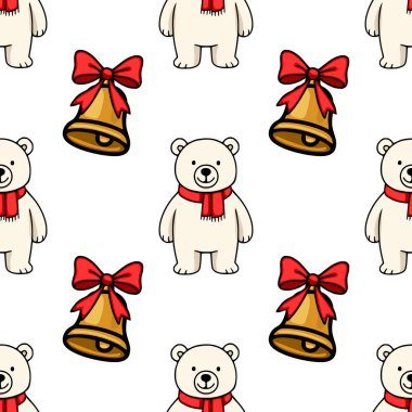 Kırmızı eşarplar takan sevimli kutup ayılarının ve kırmızı kurdeleli altın çanların olduğu kusursuz vektör deseni büyüleyici bir Noel tasarımı yaratıyor..