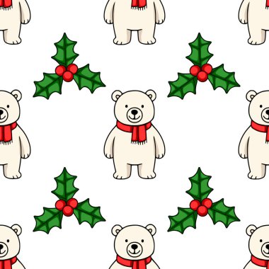 Kırmızı eşarp takan sevimli kutup ayıları ve bayram meyveleri içeren kusursuz bir vektör deseni. Kış tatili ve Noel tasarımları için mükemmel..