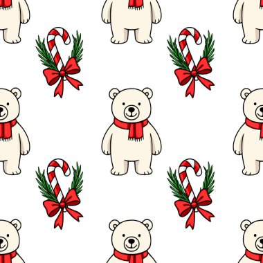 Kırmızı eşarplı şirin kutup ayıları ve yay takan şeker kamışları kış tatili ve Noel tasarımları için mükemmel..