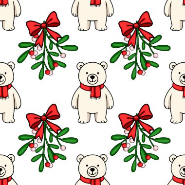 Kırmızı eşarplı sevimli kutup ayıları ve kırmızı fiyonklu şenlikli ökse otu filizlerini içeren kusursuz bir vektör deseni büyüleyici bir Noel tasarımı oluşturuyor..