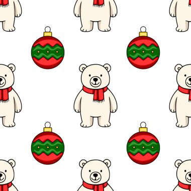 Kırmızı eşarplı ve şenlikli Noel süsleri takan sevimli kutup ayılarını içeren kusursuz vektör deseni, kış tatili tasarımları için mükemmel..