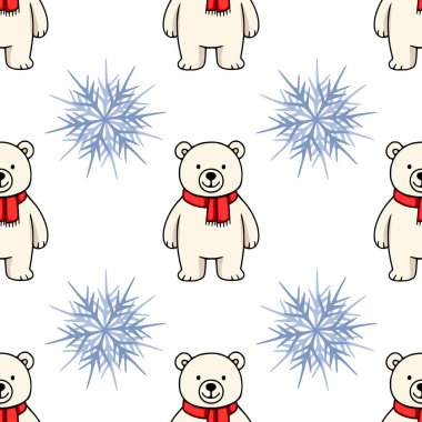 Şekillendirilmiş kar tanelerinin arasında kırmızı eşarplar takan sevimli kutup ayılarının mükemmel bir kış harikalar diyarı tasarımı oluşturduğu kusursuz vektör deseni..