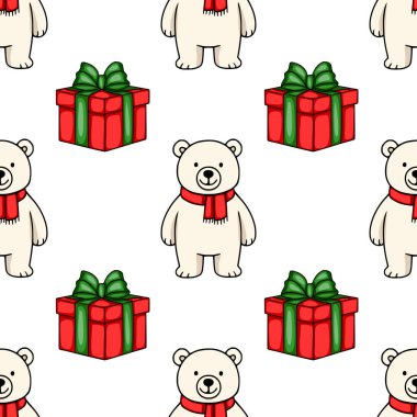 Kırmızı eşarplar takan sevimli kutup ayıları ve neşeli kırmızı ve yeşil hediye kutuları kullanarak büyüleyici bir Noel tasarımı yaratıyorlar..