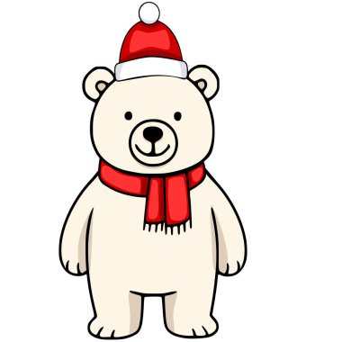 Noel Baba şapkası ve kırmızı eşarp takan neşeli bir kutup ayısının sevimli temsili, Noel kartları veya kış temalı tasarımlar için mükemmel..