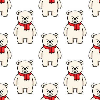 Kırmızı eşarp takan sevimli kutup ayılarının kusursuz vektör deseni. Kış tatili ya da çocuk tasarım projeleri için mükemmel..