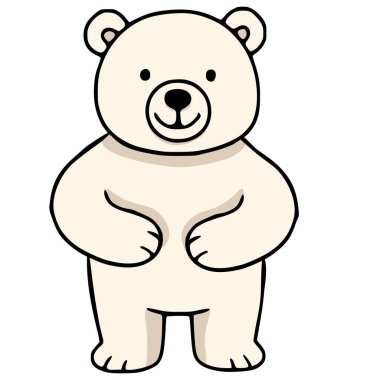 Bir karikatür kutup ayısının tapılası tasviri ayakta duruyor, kremsi bej renk paleti ve koyu siyah ana hatlarıyla basit ama büyüleyici bir tasarım sergiliyor..