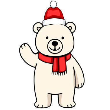 Dost canlısı bir kutup ayısının, Noel Baba şapkası ve kırmızı eşarp takan, el sallayan, neşeli tasarımlar için mükemmel bir tasviri..