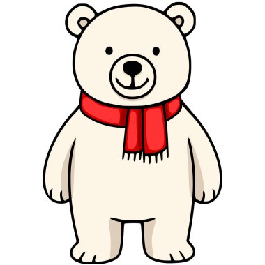 Kırmızı eşarp takan, dik duran, çocuk ürünleri ya da kış temalı projeler için basit ama büyüleyici bir tasarım sergileyen bir kutup ayısının sevimli çizimi..