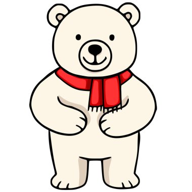 Kırmızı eşarp takan, neşeli bir ifadeyle dimdik duran, kış temalı tasarımlar için mükemmel bir kutup ayısı çizimi..