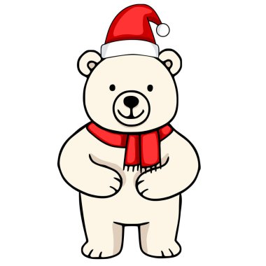 Noel Baba şapkası ve kırmızı eşarp takan neşeli bir kutup ayısının sevimli temsili, Noel kartları veya kış temalı tasarımlar için mükemmel..