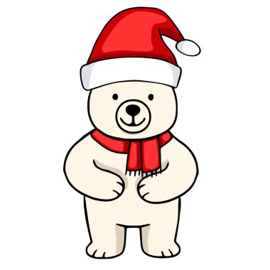 Noel Baba şapkası ve kırmızı eşarp takan neşeli bir kutup ayısının harika bir temsili. Noel kartları ve şenlik tasarımları için mükemmel..