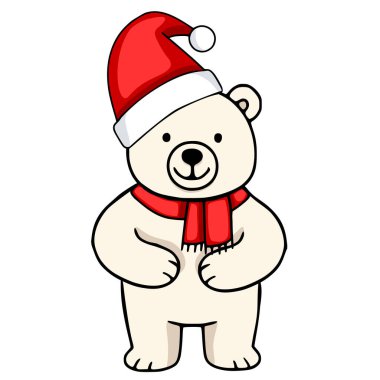 Noel Baba şapkası ve kırmızı eşarp takan neşeli bir kutup ayısının sevimli temsili, Noel kartları veya kış temalı tasarımlar için mükemmel..