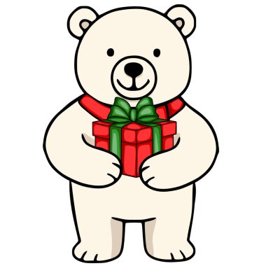 Kırmızı eşarp takan ve elinde yeşil fiyonklu kırmızı bir hediye kutusu olan bir kutup ayısının harika bir tasviri. Noel ya da kış tatili tasarımları için mükemmel..