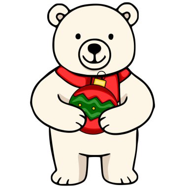 Kırmızı bir eşarp takan, elinde yeşil ve kırmızı bir Noel süsü tutan neşeli bir kutup ayısının sevimli temsili, kış tatili tasarımları için mükemmel..