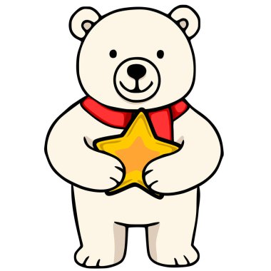 Kırmızı eşarp takan ve elinde altın bir yıldız tutan bir kutup ayısının büyüleyici ve şenlikli bir tasarımı var..