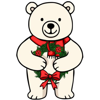 Kırmızı bir eşarp takan ve elinde Noel çelengi tutan neşeli bir kutup ayısının sevimli temsili, şenlik tasarımları için mükemmel..