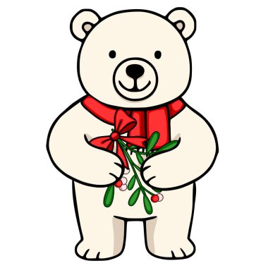 Kırmızı bir eşarp takan ve elinde bir tutam ökse otu tutan neşeli bir kutup ayısının sevimli temsili, şenlik tasarımları için mükemmel..